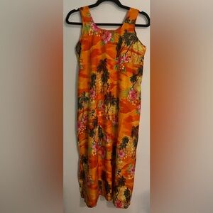 Puerto Rico Womens Dress Hawaiian Midi Tie Back Ankle Slits Orange Yellow Sz Med